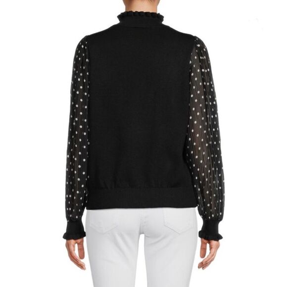 Nanette Lepore Black Knit Polka Dot Semi Sheer Sleeve Ruffle Mockneck Top - Picture 2 of 16
